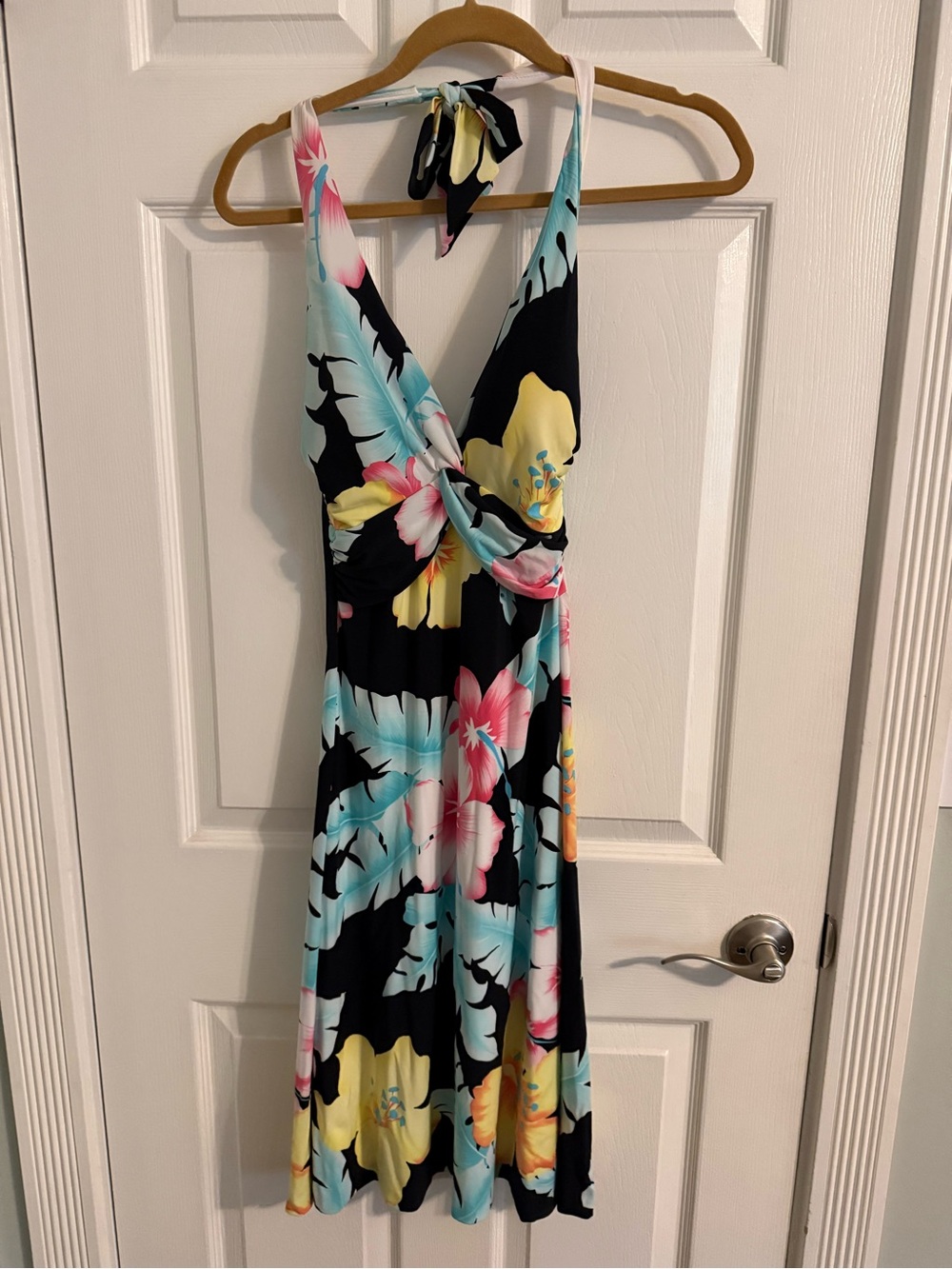 Cache Black and White Floral Halter Dress with Aqua, Pink & Yellow Flowers